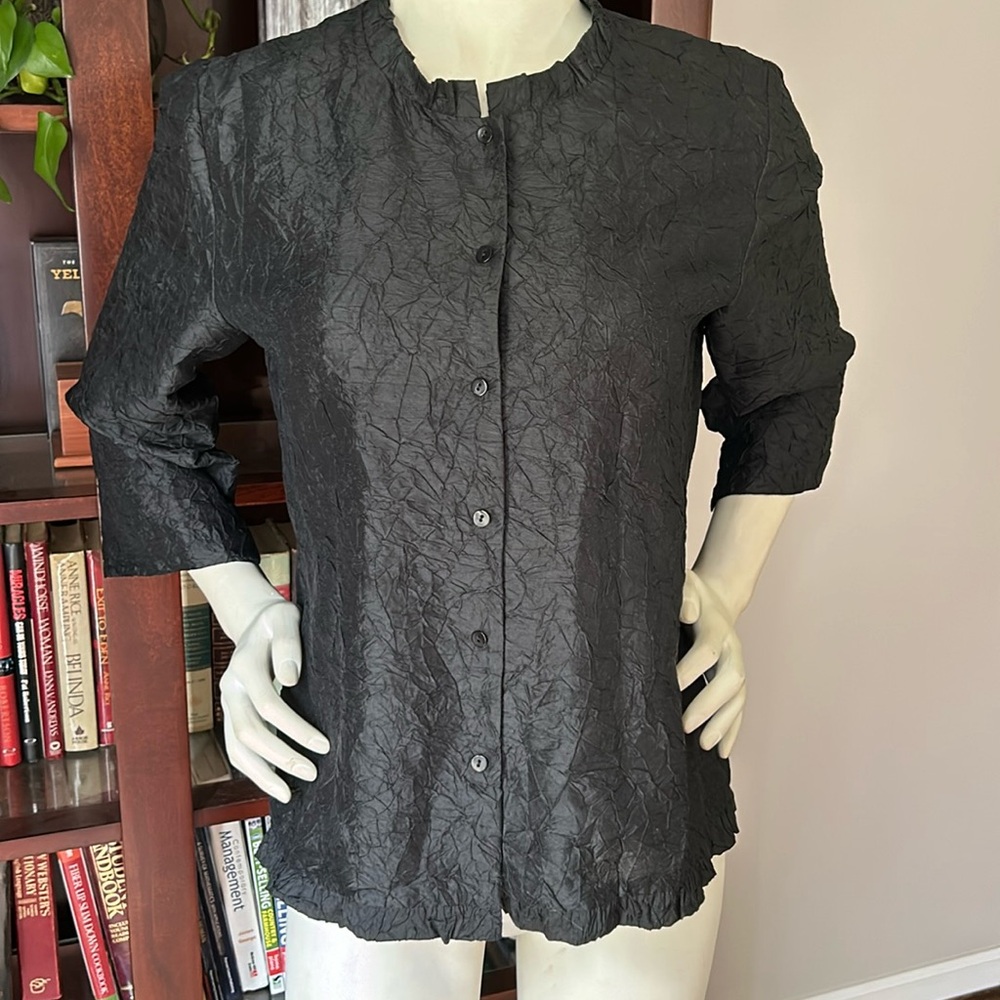 Eileen Fisher Black Crushed 100% Silk Dupioni Shirt Jacket